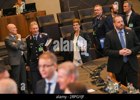 191024 -- BRUSSELS, Oct. 24, 2019 -- German Defense Minister Annegret Kramp-Karrenbauer 4th R, Rear attends the Meeting of the North Atlantic Council in Defense Ministers session at the NATO headquarters in Brussels, Belgium, on Oct. 24, 2019. Photo by /Xinhua BELGIUM-BRUSSELS-NATO-DM-MEETING RICCARDOxPAREGGIANI PUBLICATIONxNOTxINxCHN Stock Photo