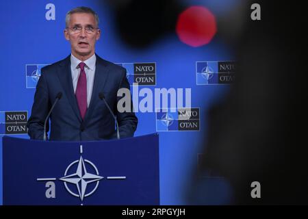 191024 -- BRUSSELS, Oct. 24, 2019 -- NATO Secretary General Jens Stoltenberg addresses a press conference at the NATO headquarters in Brussels, Belgium, on Oct. 24, 2019. Photo by /Xinhua BELGIUM-BRUSSELS-NATO-DM-MEETING RICCARDOxPAREGGIANI PUBLICATIONxNOTxINxCHN Stock Photo