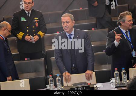 191024 -- BRUSSELS, Oct. 24, 2019 -- Turkish Defense Minister Hulusi Akar C attends the Meeting of the North Atlantic Council in Defense Ministers session at the NATO headquarters in Brussels, Belgium, on Oct. 24, 2019. Photo by /Xinhua BELGIUM-BRUSSELS-NATO-DM-MEETING RICCARDOxPAREGGIANI PUBLICATIONxNOTxINxCHN Stock Photo