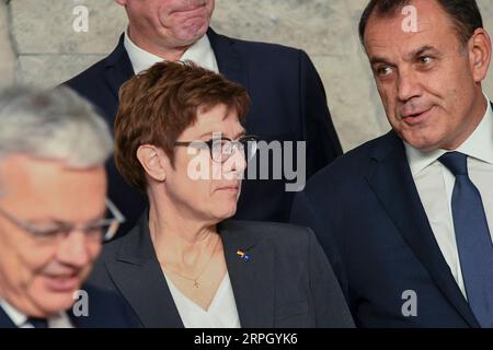 191024 -- BRUSSELS, Oct. 24, 2019 -- German Defense Minister Annegret Kramp-Karrenbauer C attends the official portrait of meetings of NATO ministers of defense at the NATO headquarters in Brussels, Belgium, on Oct. 24, 2019. Photo by /Xinhua BELGIUM-BRUSSELS-NATO-DM-MEETING RICCARDOxPAREGGIANI PUBLICATIONxNOTxINxCHN Stock Photo