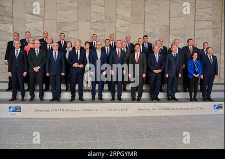 191024 -- BRUSSELS, Oct. 24, 2019 -- Attendees of meetings of NATO ministers of defense pose for a photo at the NATO headquarters in Brussels, Belgium, on Oct. 24, 2019. Photo by /Xinhua BELGIUM-BRUSSELS-NATO-DM-MEETING RICCARDOxPAREGGIANI PUBLICATIONxNOTxINxCHN Stock Photo