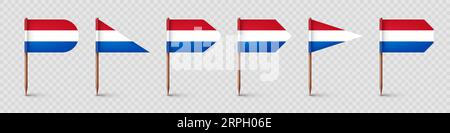 Realistic various Dutch toothpick flags. Souvenir from Netherlands. Wooden toothpicks with paper flag. Location mark, map pointer. Blank mockup for Stock Vector