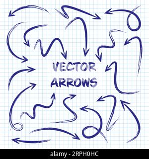 Grunge hand drawn arrows on checkered paper sheet. School notebook for drawing. Doodle arrow icon, simple monochrome pointer silhouettes. Outline Stock Vector