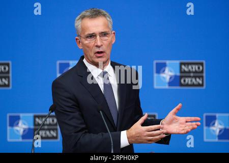 191025 -- BRUSSELS, Oct. 25, 2019 -- NATO Secretary General Jens Stoltenberg speaks during the wrapping-up press conference of a two-day NATO North Atlantic Treaty Organization defense ministers meeting at the NATO headquarters in Brussels, Belgium, Oct. 25, 2019.  BELGIUM-BRUSSELS-NATO-DM-SESSION-STOLTENBERG-PRESS CONFERENCE ZhengxHuansong PUBLICATIONxNOTxINxCHN Stock Photo