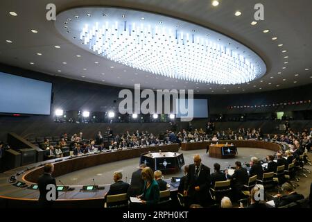 News Bilder des Tages 191025 -- BRUSSELS, Oct. 25, 2019 -- Delegates attend the meeting of the North Atlantic Council in Defence Ministers session at the NATO headquarters in Brussels, Belgium, Oct. 25, 2019.  BELGIUM-BRUSSELS-NATO-DM-SESSION ZhengxHuansong PUBLICATIONxNOTxINxCHN Stock Photo