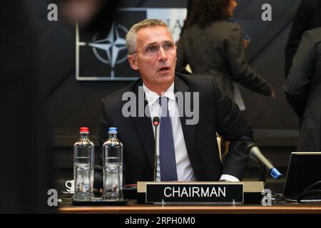 191025 -- BRUSSELS, Oct. 25, 2019 -- NATO Secretary General Jens Stoltenberg speaks at the meeting of the North Atlantic Council in Defence Ministers session at the NATO headquarters in Brussels, Belgium, Oct. 25, 2019.  BELGIUM-BRUSSELS-NATO-DM-SESSION ZhengxHuansong PUBLICATIONxNOTxINxCHN Stock Photo