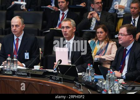 191025 -- BRUSSELS, Oct. 25, 2019 -- NATO Secretary General Jens Stoltenberg C, front speaks at the meeting of the North Atlantic Council in Defence Ministers session at the NATO headquarters in Brussels, Belgium, Oct. 25, 2019.  BELGIUM-BRUSSELS-NATO-DM-SESSION ZhengxHuansong PUBLICATIONxNOTxINxCHN Stock Photo