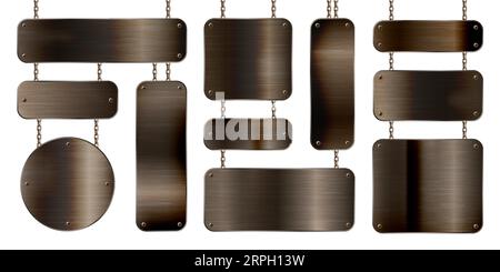 Metal banners hanging on a chain. Realistic shiny steel plate with screws. Polished rusty metal surface. Vector illustration Stock Vector