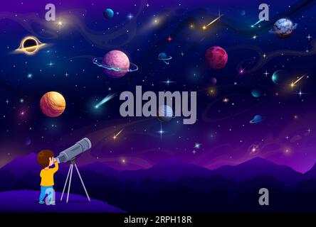 Boy kid looking through a telescope at night sky with cartoon space galaxy planets, vector astronomy science education. Cute boy character observing fantasy universe, stars, asteroids, constellations Stock Vector