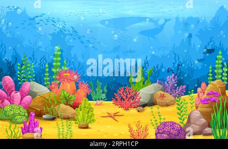 Underwater ocean game level map ui cartoon vector background. Deep ...
