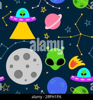 Clouds ufo pattern design for kids nursery - funny hand drawn doodle, seamless pattern. Moon, alien, stars, space, ufo, planet, constellation, spacesh Stock Vector