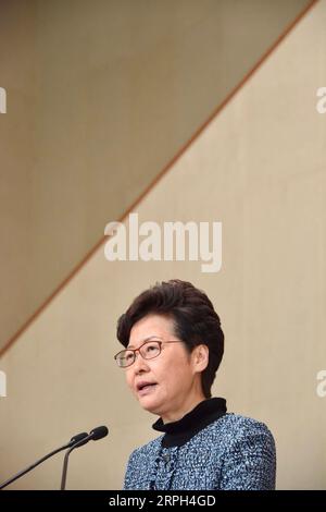 191029 -- HONG KONG, Oct. 29, 2019 Xinhua -- Chief Executive of China s Hong Kong Special Administrative Region HKSAR Carrie Lam attends a press conference in Hong Kong, south China, Oct. 29, 2019. Chief Executive of China s Hong Kong Special Administrative Region HKSAR Carrie Lam said on Tuesday that Hong Kong s economy may enter a technical recession and record a negative full-year growth for 2019, calling for ending violence soon and starting afresh for Hong Kong s future. Xinhua/Lui Siu Wai CHINA-HONG KONG-CARRIE LAM-PRESS CONFERENCE CN PUBLICATIONxNOTxINxCHN Stock Photo