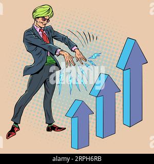 Financial swindlers and sorcerers. Manipulations with stocks and investments. A man in a turban and a suit affects the growth of the graph. Pop Art Stock Vector