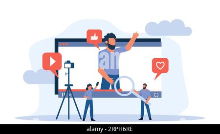 Blogger recording media video on camera. Digital technology broadcast online network illustration. Vlog stream live multimedia. Connection cyberspace Stock Vector