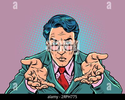 Attentive and serious office manager accepting an offer. HR agent offers a job. A man in a suit and glasses looks at you and holds out his arms Stock Vector