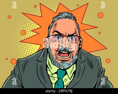 Bad company management. Report employees. Customer dissatisfaction. An adult man in glasses and a suit screams. Pop Art Retro Stock Vector