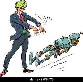 Artificial intelligence management. The impact of scammers on the Internet and technology. A man in glasses, a turban and a suit affects the robot Stock Vector