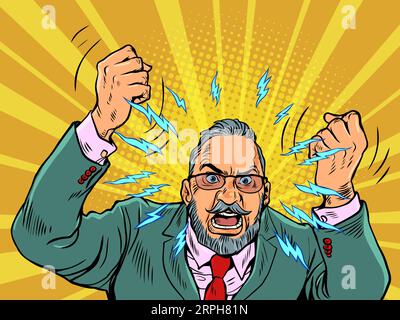 Bad company management. Report employees. Customer dissatisfaction. An adult man in glasses and a suit screams with his hands up. Pop Art Retro Stock Vector