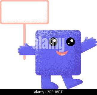Funny geometric square with blank placard. Textured baby mascot Stock Vector