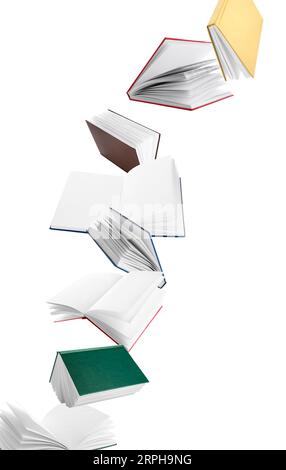 Many flying books isolated on white Stock Photo