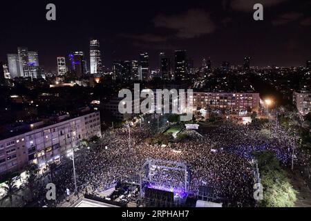 191103 -- TEL AVIV, Nov. 3, 2019 -- Israelis attend a rally marking the 24th anniversary of the assassination of former Prime Minister Yitzhak Rabin in Tel Aviv, Israel, Nov. 2, 2019. Rabin was assassinated by a right-wing Jewish extremist on Nov. 4, 1995 after a peace rally in support of the Oslo Accords in Tel Aviv. Tomer Neuberg/JINI via Xinhua ISRAEL-TEL AVIV-YITZHAK RABIN-ASSASSINATION-24TH ANNIVERSARY GuoxYu PUBLICATIONxNOTxINxCHN Stock Photo