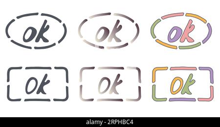 Ok sign in frame, speech bubbles. Hand drawn paint brush strokes, cartoon doodle style design. Black, gradient or 70s colors palette Stock Vector