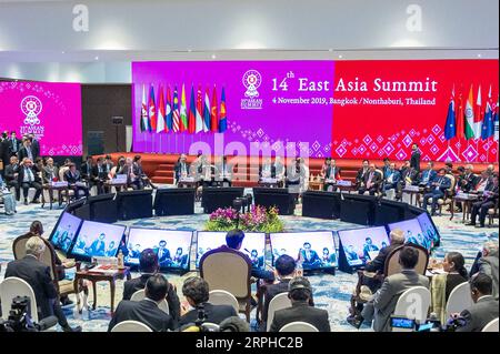 191104 -- BANGKOK, Nov. 4, 2019 -- Participants attend the 14th East Asia Summit in Bangkok, Thailand, Nov. 4, 2019. The summit is an annual regional event gathering 10 members of the Association of Southeast Asian Nations ASEAN, as well as China, Japan, South Korea, India, Australia, New Zealand, Russia and the United States.  THAILAND-BANGKOK-EAST ASIA SUMMIT ZhuxWei PUBLICATIONxNOTxINxCHN Stock Photo