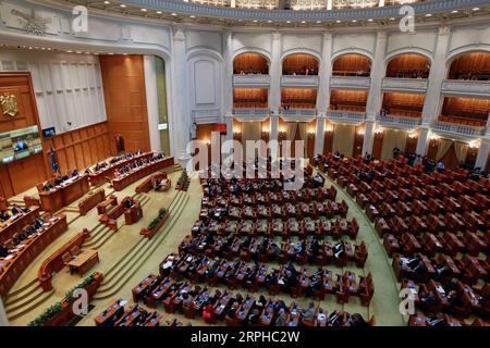 191104 -- BUCHAREST, Nov. 4, 2019 Xinhua -- Photo taken on Nov. 4, 2019 shows a vote of confidence at the parliament building in Bucharest, capital of Romania. The Romanian National Liberal government won a vote of confidence in parliament on Monday, replacing the Social Democrats who had been in power for nearly three years. Photo by Cristian Cristel/Xinhua ROMANIA-BUCHAREST-NATIONAL LIBERAL GOVERNMENT-VOTE OF CONFIDENCE PUBLICATIONxNOTxINxCHN Stock Photo