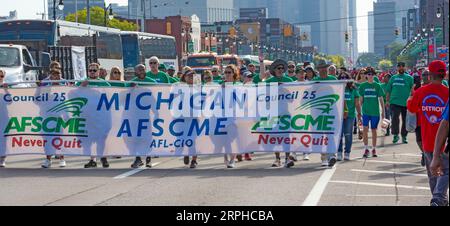 Detroit, Michigan, USA. 4th Sep, 2023. Members of the American Federation of State, County and Municipal Employees (AFSCME) join Detroit's Labor Day parade. Credit: Jim West/Alamy Live News Stock Photo