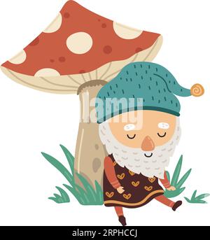 Forset gnome sit under mushroom. Garden elf character Stock Vector