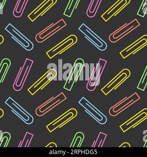Seamless pattern of bright colorful paper clips on a dark backdrop. Office and school stationery. Vector abstract background texture for poster, banner, greeting or invitation, price tag, label or web Stock Vector