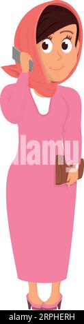 Islamic lady in fashion pink clothes. Cartoon woman Stock Vector