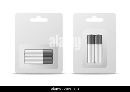 Vector 3d Realistic Two Alkaline Battery in Paper Bliste Icon Set Closeup Isolated. AA Size, Horizontal and Vertical Position. Design Template for Stock Vector