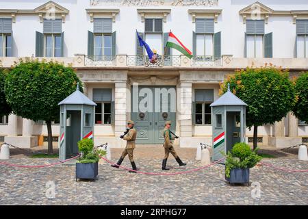Sentries guarding the southwest palace door of Sandor Palace (the official residence of the Hungarian president) in Budapest, Hungary Stock Photo