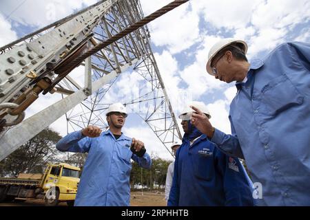191109 -- BEIJING, Nov. 9, 2019 -- Chinese engineer Liu Nian 1st L communicates with Brazilian co-workers at the construction site of Belo Monte ultra-high-voltage transmission projects launched by the State Grid Corporation of China in Brazil, Aug. 7, 2018.  Xinhua Headlines: Xi s trip to Greece, Brazil to strengthen ties, BRICS cooperation LixMing PUBLICATIONxNOTxINxCHN Stock Photo