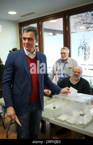 191110 -- MADRID, Nov. 10, 2019 -- Spain s Acting Prime Minister Pedro Sanchez casts his ballot at a polling station in Pozuelo de Alarcon, Spain, Nov. 10, 2019. Spain s polling stations opened on Sunday at 9 a.m. local time 0800 GTM for the country s fourth general election in four years and the second in 2019 following an inconclusive vote held on April 28. Spanish citizens will elect their representatives in the Cortes Generales, or the Spanish parliament, which is made up by the Congress of Deputies and the Senate. Photo by Juan Carlos/Xinhua SPAIN-GENERAL ELECTION-PEDRO SANCHEZ-VOTE HuxAn Stock Photo