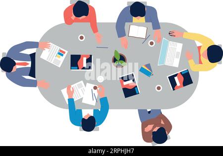 Conference table meeting top view. Teamwork concept Stock Vector