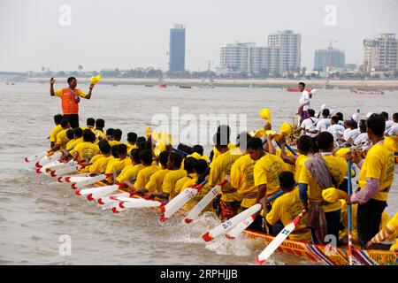 191110 -- PHNOM PENH, Nov. 10, 2019 Xinhua -- Boat racers take part in the Water Festival in the Tonle Sap river in Phnom Penh, Cambodia, Nov. 10, 2019. Tens of thousands of spectators flocked to the riverside here on Sunday for an 838-year-old boat racing tradition, which is held to celebrate the annual Water Festival. TO GO WITH Feature: Tens of thousands cheer for centuries-old boat race in Cambodian capital Photo by Sovannara/Xinhua CAMBODIA-PHNOM PENH-WATER FESTIVAL-CELEBRATION PUBLICATIONxNOTxINxCHN Stock Photo