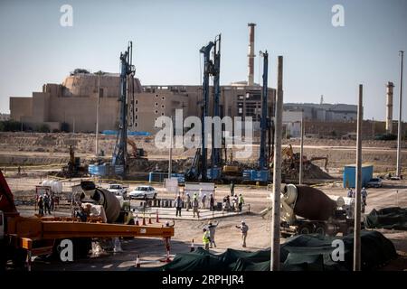 191111 -- TEHRAN, Nov. 11, 2019 -- Laborers work at the construction site of the second phase of Iran s Bushehr Nuclear Power Plant in Bushehr, southern Iran, on Nov. 10, 2019. The concrete placement for the construction of the second phase of Iran s Bushehr Nuclear Power Plant started on Sunday. Photo by /Xinhua IRAN-BUSHEHR-NUCLEAR POWER PLANT-SECOND PHASE AhmadxHalabisaz PUBLICATIONxNOTxINxCHN Stock Photo