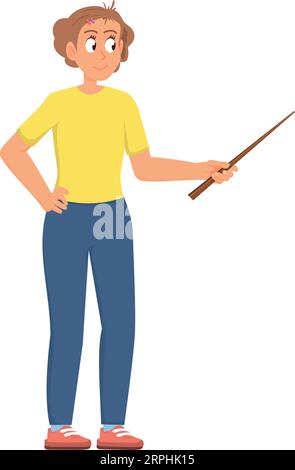 Woman with teacher stick. Professional lecturer cartoon character Stock Vector