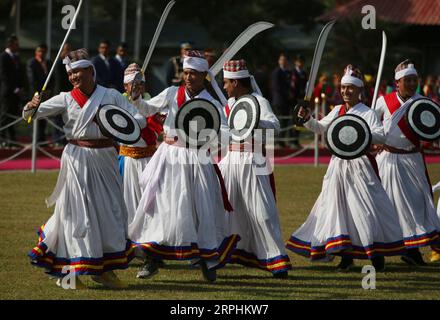 191112 -- KATHMANDU, Nov. 12, 2019 -- Nepali dancers with traditional attire perform while welcoming President of Bangladesh M Abdul Hamid at Tribhuvan International Airport in Kathmandu, capital of Nepal, Nov. 12, 2019. President of Bangladesh M Abdul Hamid arrived in Kathmandu on Tuesday for a four-day official goodwill visit. Str/Xinhua NEPAL-KATHMANDU-BANGLADESHI PRESIDENT- VISIT sunilxsharma PUBLICATIONxNOTxINxCHN Stock Photo