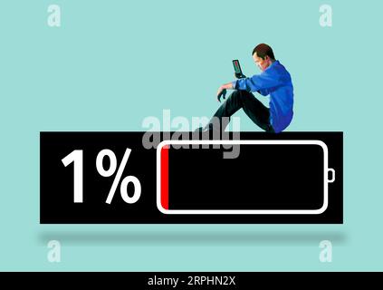 A man stares at his cell phone as he sits on a battery indicator that says his power is down to one-percent. This is a 3-d illustration about mobile p Stock Photo