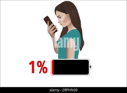 A girl stareds at her cell phone as a battery indicator  says her power is down to one-percent. This is a 3-d illustration about mobile phones. Stock Photo