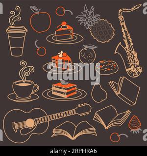 Vector sketchy illustrations collection of desserts and coffee cups, chocolate cookies. Sweet desserts and fruits time, books and musical instruments Stock Vector