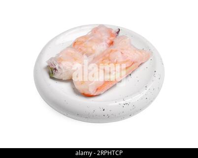 Delicious spring rolls with shrimps wrapped in rice paper on white background Stock Photo
