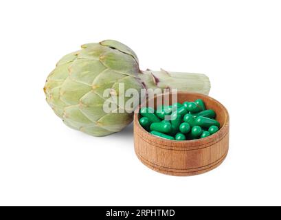 Fresh artichoke and pills isolated on white Stock Photo