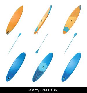 Collage with SUP boards with paddle isolated on white, different sides Stock Photo