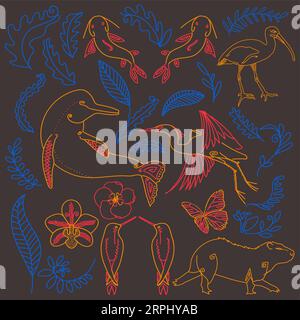 Latin American tropical animals decorative engraving shape pre-Columbian art stylized plants, animals and birds, hummingbird, dolphin, cocora, heron Stock Vector
