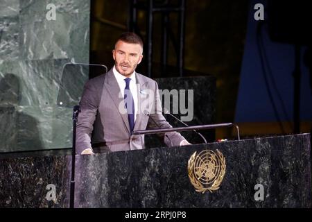 191122 -- BEIJING, Nov. 22, 2019 -- United Nations Children s Fund UNICEF Goodwill Ambassador David Beckham addresses a UN General Assembly high-level meeting commemorating the 30th anniversary of the Convention on the Rights of the Child CRC at the UN headquarters in New York, on Nov. 20, 2019. As the world marks the 30th anniversary of the Convention on the Rights of the Child CRC, top UN officials on Wednesday urged refreshed commitment to match the gains of the past in the next 30 years.  XINHUA PHOTOS OF THE DAY LixMuzi PUBLICATIONxNOTxINxCHN Stock Photo