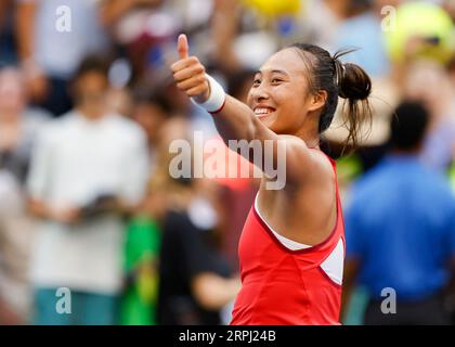 New York, USA, 4th, September, 2023. Chinese tennis player Qinwen Zheng celebrates during the 2023 US Open tournament at the Billie Jean King National Tennis Center on Monday 04 August 2023. © Juergen Hasenkopf / Alamy Live News Stock Photo